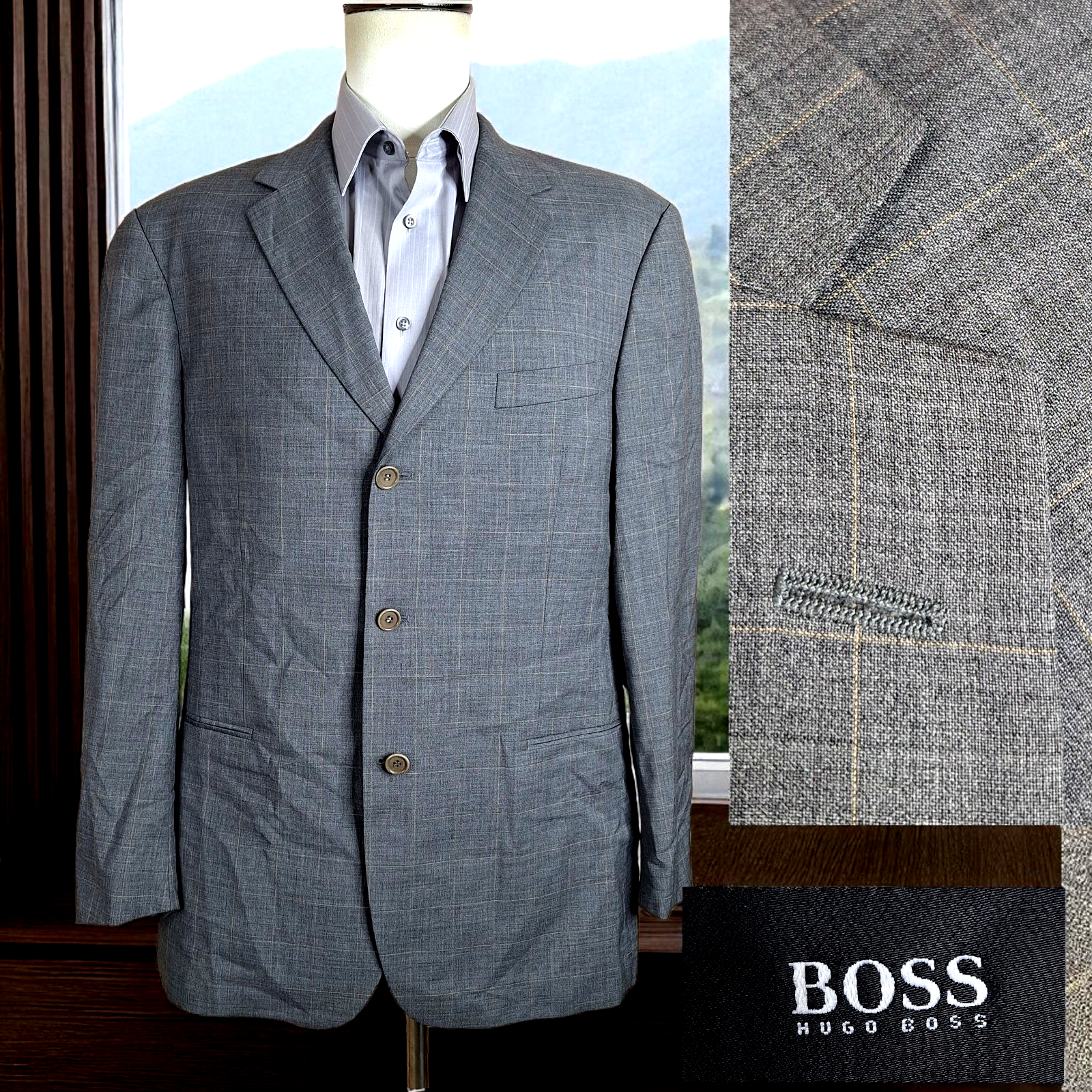 Hugo Boss Jacket Blazer Mens 42L Gray Windowpane 3 Button VL Wool