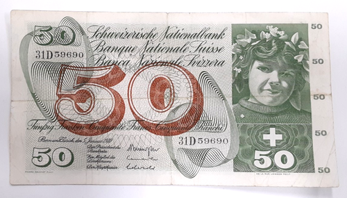 Banconota 50 Franchi Svizzera 1970 Emissione P# 48j Molto Fine Con Scritta - Foto 1 di 2