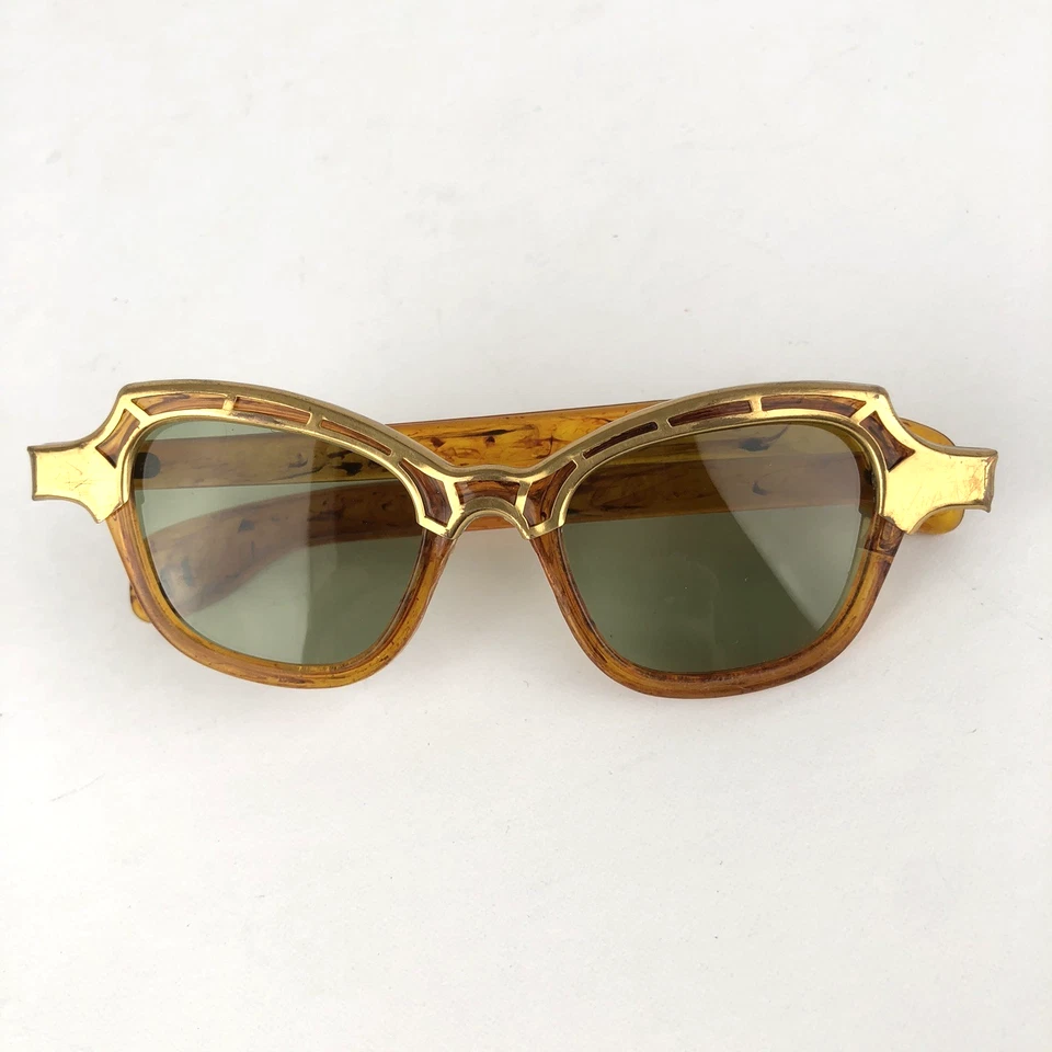 Gafas de sol de colección años 50 ojo de gato marrón + adorno dorado hechas en EE. UU. Foto 2 de 4