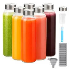 Glass Water Bottles with Lids 24 oz, 6 Pack Reusable Juice Bottles With Stain...