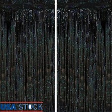 Black Foil Fringe Backdrop Curtains Set Tinsel Party Decorations 2 Pack Reusable