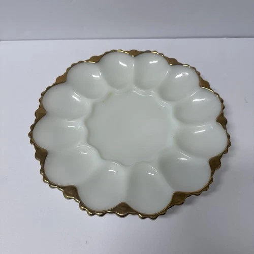 Vintage Milk Glass Egg Plate/Gold Trim by Anchor Hocking 12 Eggs 10"