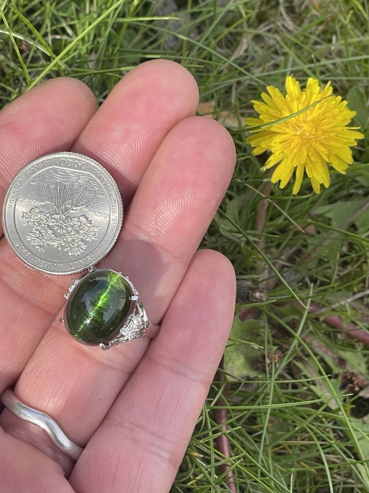 Anillo GIA Turmalina Verde Natural Ojo de Gato Ovalado 15.48Cts, Diamante 0.07ct, pt900 Foto 4 de 4