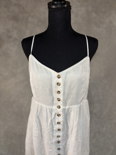 Madewell Dress 12 Cami Button Midi White Linen Cotton Beachy Adjustable Straps