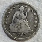 1857 P Seated Liberty Silver Quarter.  Estimated Uncirculated Fine 12. A1227.