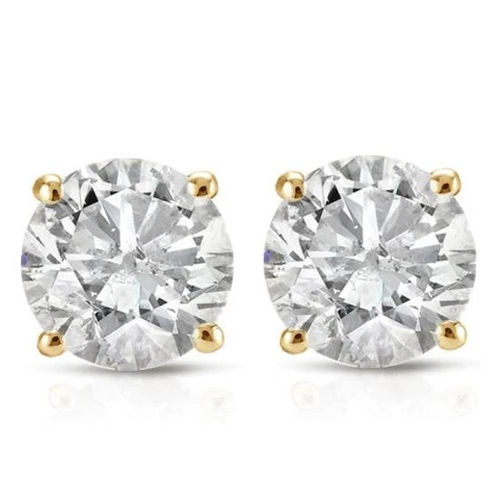 2Ct TW Round Cut Natural Diamond Studs With Screw Backs 14k Yellow Gold