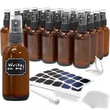 Nevlers 4 oz Amber Spray Bottles (Set of 24) | Includes Funnel, Brush and Marker