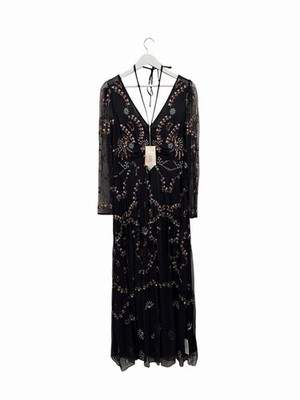 Monsoon Dress UK 16 Embellished Long Sleeve Black Floral New RRP £220 Beaded