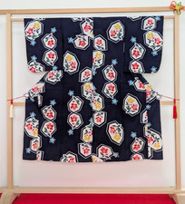 Authentic Japanese Kimono Kids Yukata Cotton Navy Blue Flowers Summer Loungewear