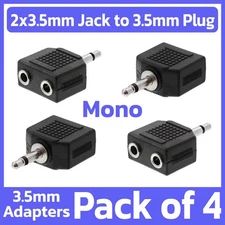 4 Pack 1/8" 3.5mm Plug to 2x 3.5mm Jack Adapter Converter Mono Audio Splitter