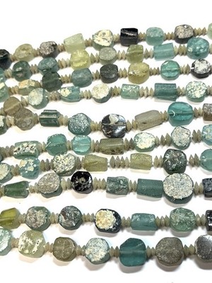 Ancient Roman Glass Aqua Coin and Rectangle Beads patina apx 12-15mm 1 strand