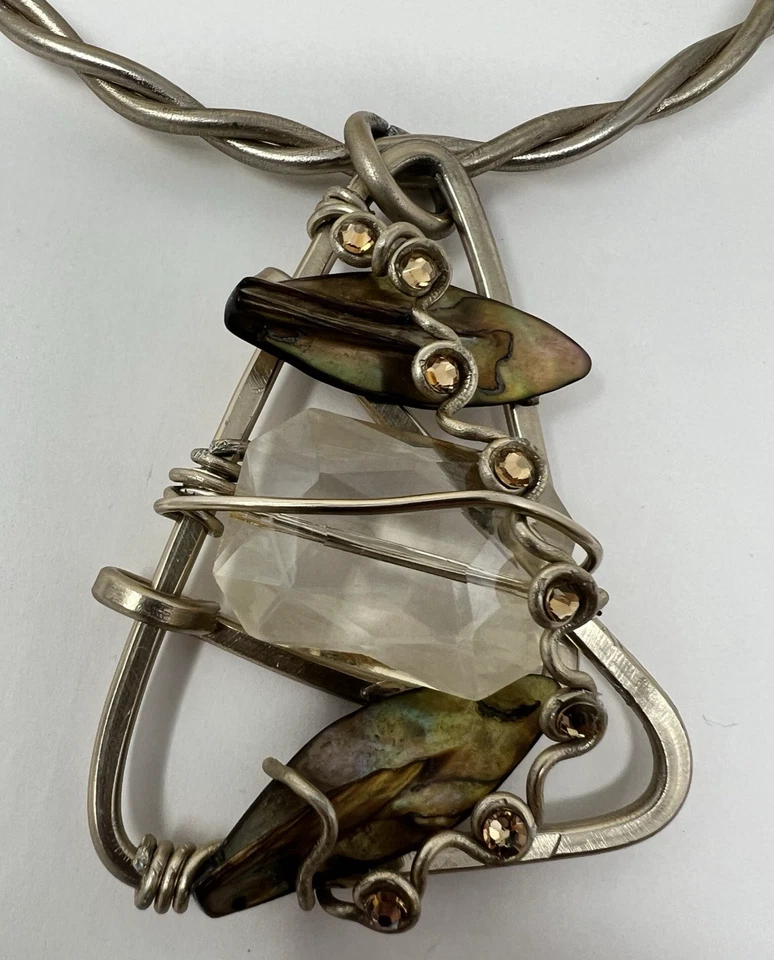 Gargantilla de alambre vintage Jeff Lieb colgante de cristal concha modernista Foto 4 de 4