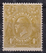 G1367) Australia KGV 1924 Single wmk 4d Olive BW 114, centred slightly high.