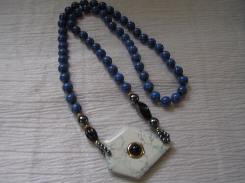 Estate Long Blue Sodalite & Hematite Beads Necklace w Dyed Center Stone & Onyx - Afbeelding 1 van 5