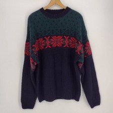 Vintage Gap 100 Shetland Wool Fair-Isle Christmas Navy Blue Green Red Sweater