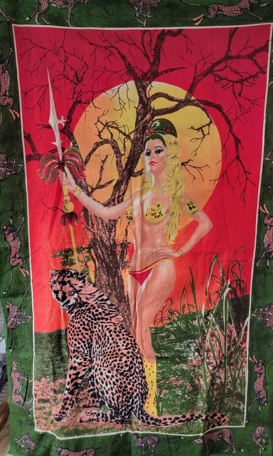 VTG CHEETAH CAT 🐆 TRAINER PRETTY WOMAN TAPESTRY SEXY GOTHIC 52"X33" MEDIEVAL 