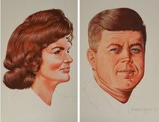 VINTAGE 1964 PRESIDENT JOHN F KENNEDY JACKIE ONASSIS PAINTINGS MACALUSO MID MOD