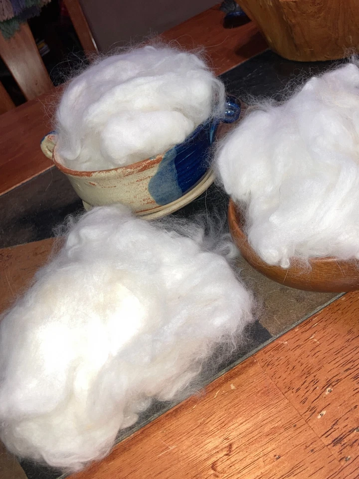 CONEJO ANGORA MOHAIR-10 gm Fibra Suelta-Limpio-Giro-Tejido-Fieltro-Artesanía. Blanco 2-3 pulgadas Foto 3 de 4