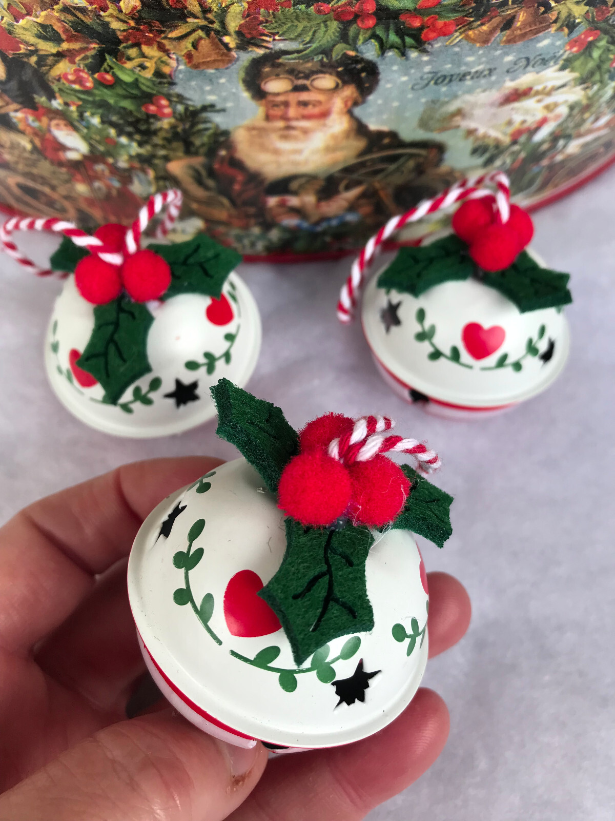 3 FESTIVE JOHN LEWIS METAL HOLLY JINGLE BELL BAUBLE CHRISTMAS TREE