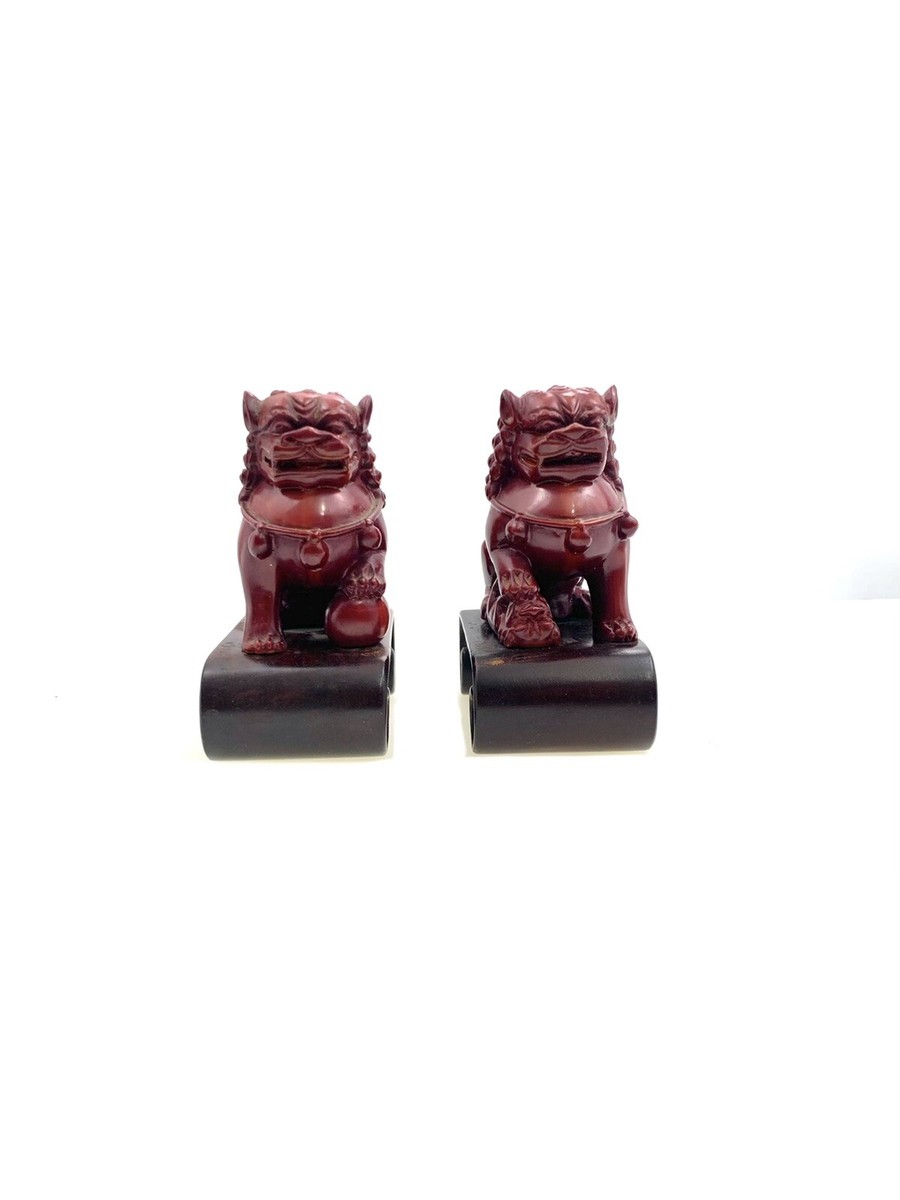 Foo Dog Figurine Pair Small Red Resin Statuette on Base Foo Dog Figurine Pair Small Red Resin Statuette on Base
