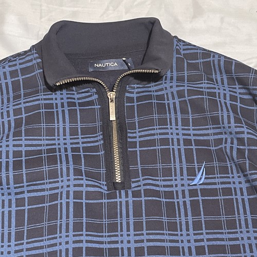 Nautica Men's Navy Blue Quarter Zip XL Fleece Pullover Plaid Sweatshirt L/S - Picture 2 of 9