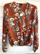 Rue 21 Size S Floral Rust Brown NEW Elastic Waist Lightweight Sheer Blouse