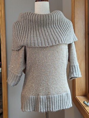 Elle Gold Sequin Cowl Neck Off Shoulder Sweater Women's Small Oversized 