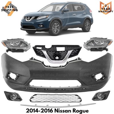 Front Bumper Cover Paintable & Grille Assembly Kit For 2014-2016 Nissan Rogue
