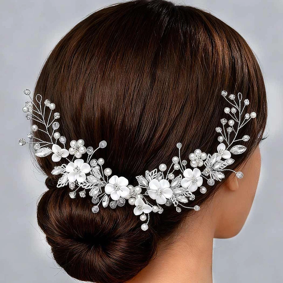 - Accessori per Capelli Da Sposa Con Fiori in Argento, Con Cristalli E Perle, Vi - Immagine 3 di 4