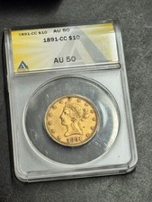 1891 CC $10 Liberty Head Half Eagle Gold Coin Carson City Mint ANACS AU50 (1580)