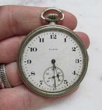 Antique 1920 Elgin Open Face Silveroid Pocket Watch; 44mm 15Jewels 9-G644