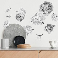 Peony Watercolor Wall Decals Black and White Watercolor - Flowers Decals for W