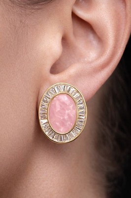 Gold Tone Oval Pink Stone Stud Earrings with Baguette Crystal Halo