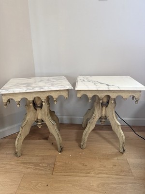 Two Antique Italian Wood Carved Marble Too Bedside Nightstand Tables