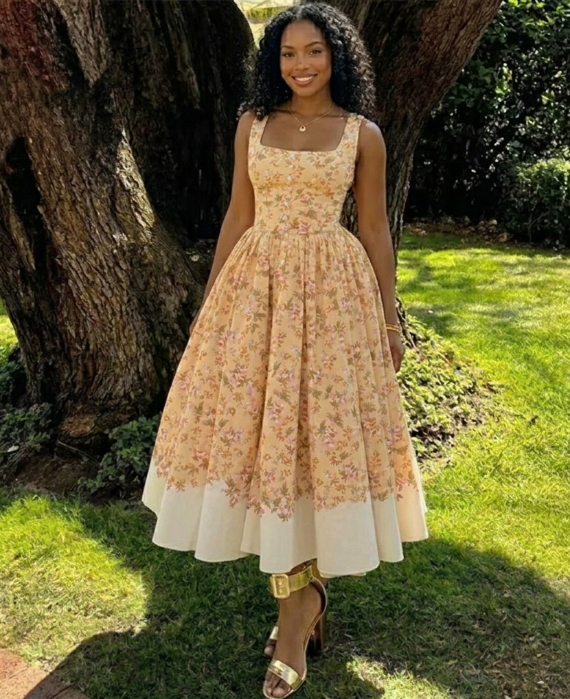 Zimmermann Vintage Floral Midi Dress Women Square Neck A-Line