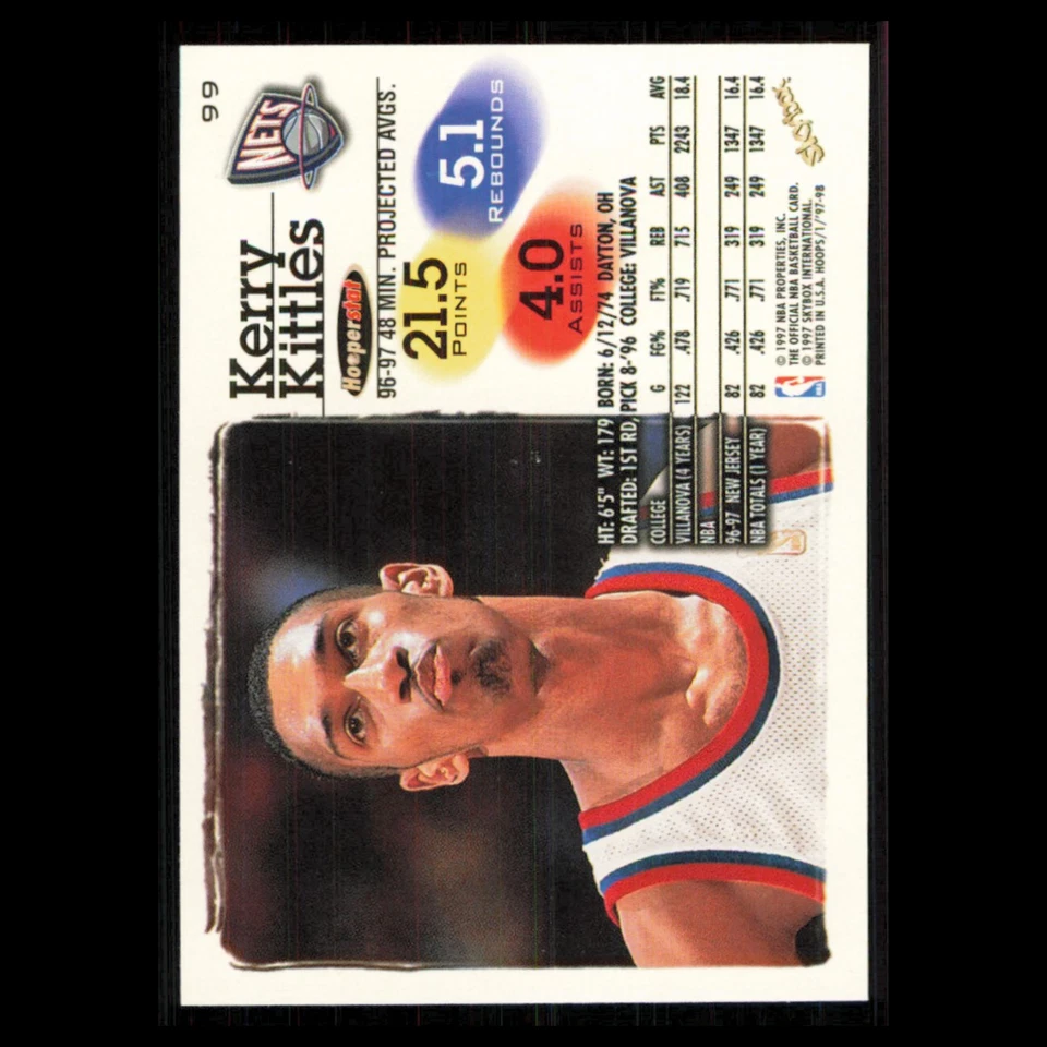 Kerry Kittles #99 1997 Hoops New Jersey Nets Basketball Card NBA NM - Image 2 of 3