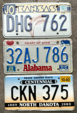 Lot of 3 expired 1992 license plate plates - Kansas + Alabama + North Dakota