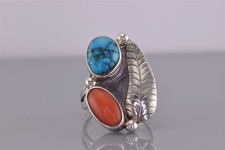 Native American Sterling Silver Turquoise Red Coral Feather Band Ring 925 Sz: 7