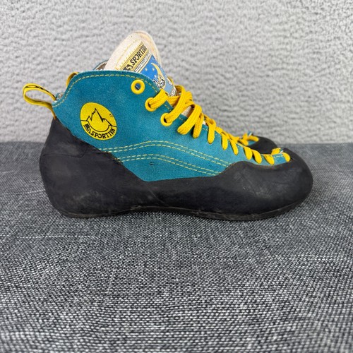 Vintage La Sportiva Mega Climbing Shoes 39.5 Teal Yellow Italy Moon Gorpcore 90s