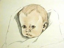 Lys Cassel RED HAIRED INFANT BABY in BLANKET 1947 Vintage Art Print Matted