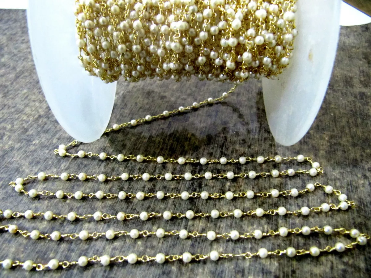 3 Ft- Pearl Beaded 3mm Size Round Shape Faux Pearl Bead Rosary Chain