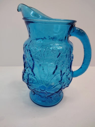 Vintage Anchor Hocking 1970’s Rain Flower Laser Blue Glass Pitcher 64 Oz Used