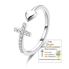 To My Daughter Cross Ring, S925 Sterling Silver with Cubic Zirconia, Adjustable