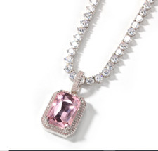 Pink Sapphire 15.00Ct Emerald Cut Tennis Necklace 14K White Gold Finish