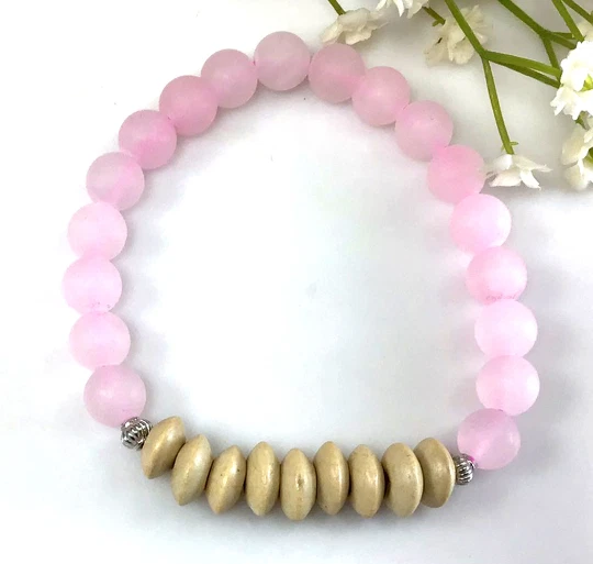 Pulsera Cuentas Redondas Cuarzo Rosa Mate con Cuentas de Madera Curación Elástica Mujer Foto 2 de 4