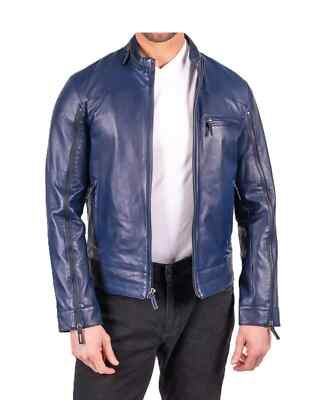 Lambskin Biker Men Leather Soft Blue Stylish Jacket Handmade Genuine Motorcycle