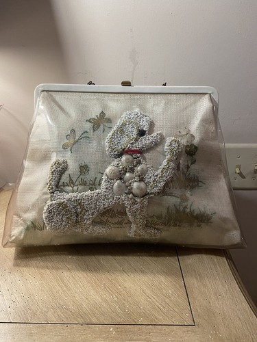 LARGE VINTAGE POODLE PURSE HANDBAG 1950's! EMBELLISHED: BEADS & SHELLS