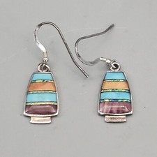 Sterling Silver Turquoise Opal Multi-stone Inlaid Dangle Pierced Earrings