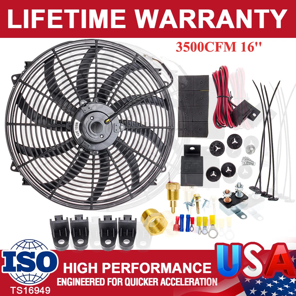 16 Inch Thermo Fan Universal Curved Blade 12V 120W High Output Kit With  Hardware | eBay