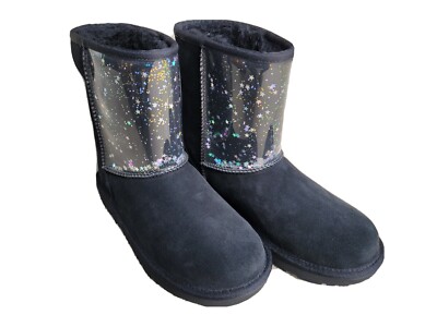 New UGG Classic II Black clear Glitter/Sheaeling leather Boots Women Size 6
